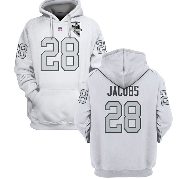 Men's Las Vegas Raiders #28 Josh Jacobs 2021 Inaugural Patch White Pullover Hoodie Men's Las Vegas Raiders #28 Josh Jacobs 2021 Inaugural Patch White Pullover Hoodie